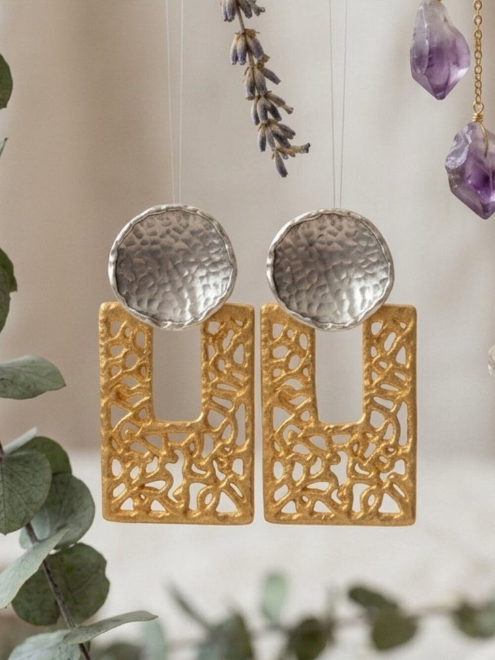 Two Tone Gold Istanbul Hammered Cutout Geometric Drop Earrings Mediterranean